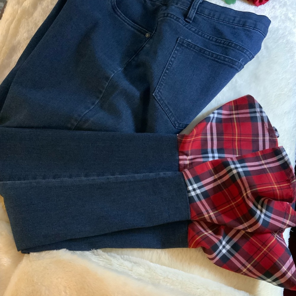 VENUS Dark Blue Straight Leg Jeans, with a plaid flare.